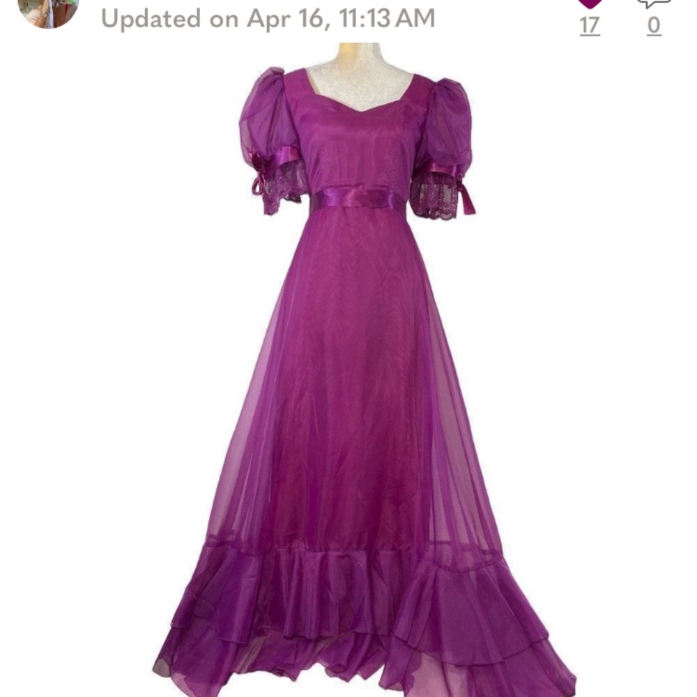 70s Vintage JCPenney Grape Purple Puff Sleeve Ruffle Bottom Maxi Prom Dress